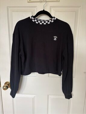 Vans Black Cropped Long Sleeve Sweatshirt Checkerboard Neckline Small